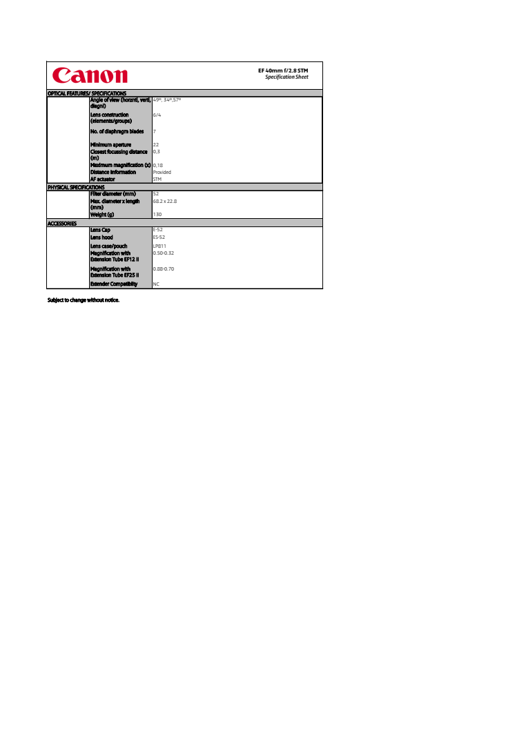 Canon EF 40mm f2.8 STM tekniska specifikationer