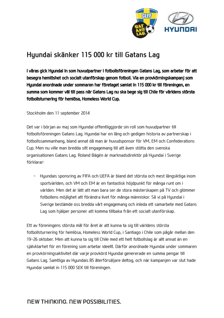 Hyundai skänker 115 000 kr till Gatans Lag