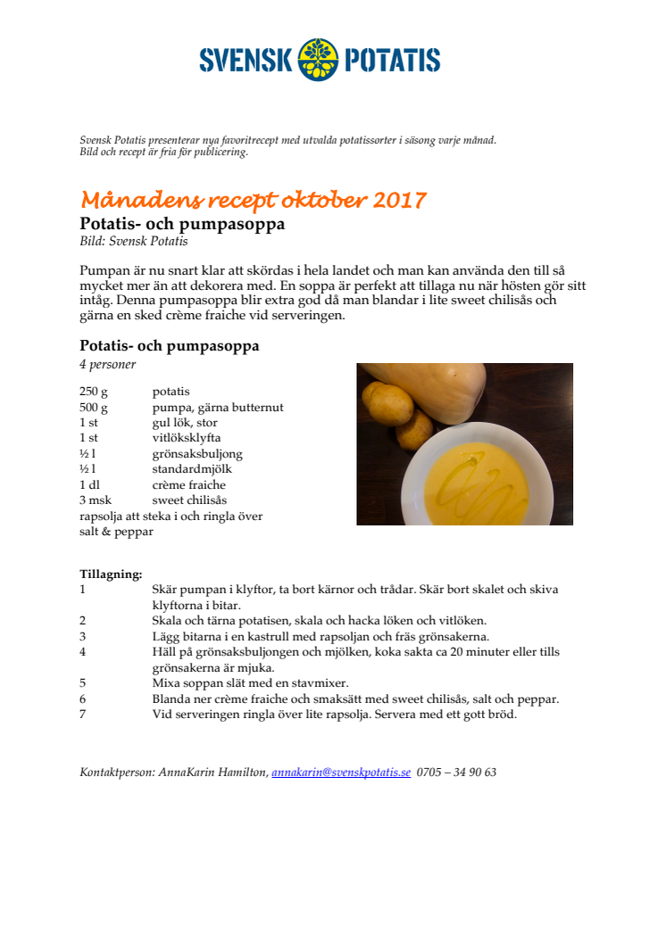 Månadens recept oktober - Potatis- och pumpasoppa