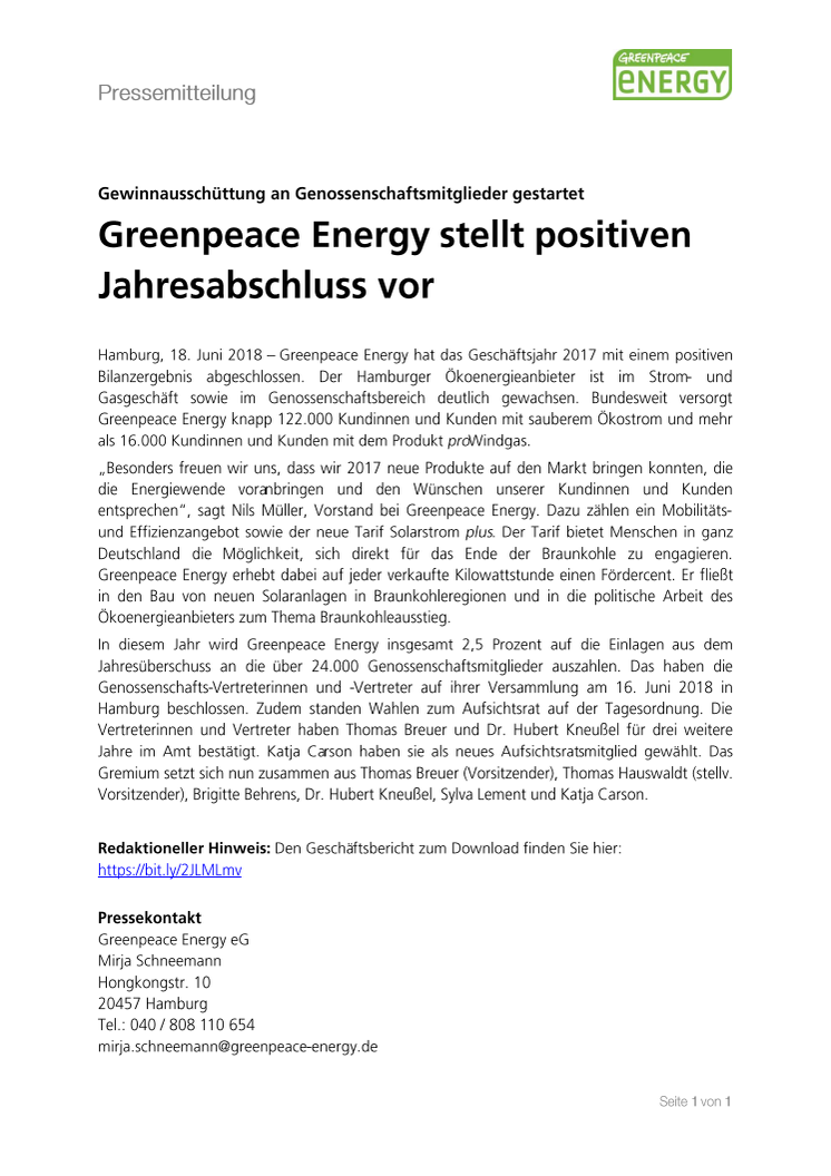 Greenpeace Energy stellt positiven Jahresabschluss vor: Gewinnausschüttung an Genossenschaftsmitglieder gestartet 