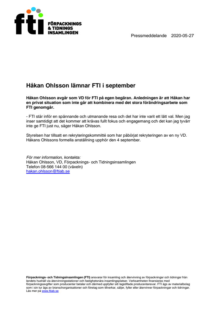 Håkan Ohlsson lämnar FTI i september