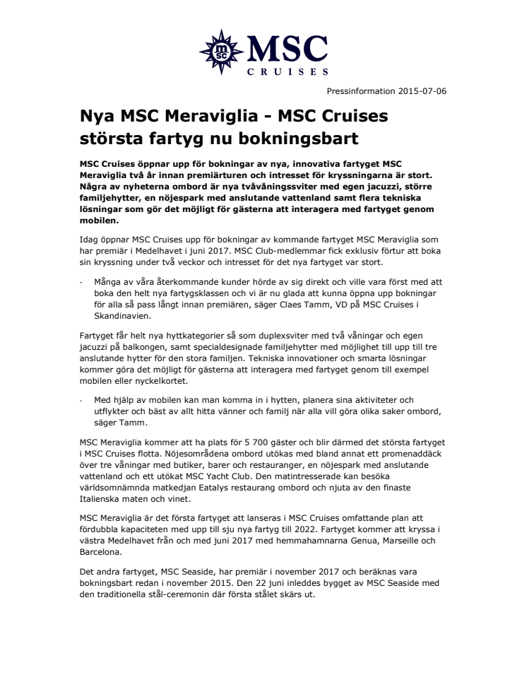 Nya MSC Meraviglia - MSC Cruises största fartyg nu bokningsbart