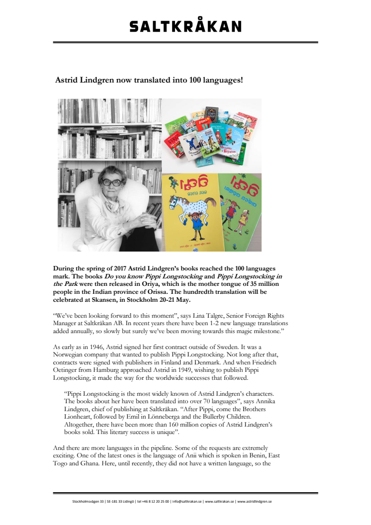 Astrid Lindgren now translated into 100 languages!