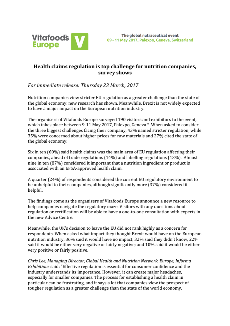 PRESS RELEASE: Health claims regulation is top challenge for nutrition companies, survey shows 