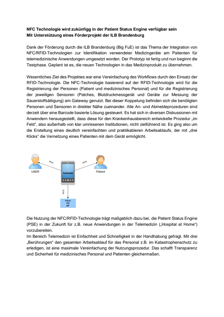 NFC Technologie wird zukünfigg in der Patient Status Engine verfügbar sein Mit Unterstützung eines Förderprojekt der ILB Brandenburg