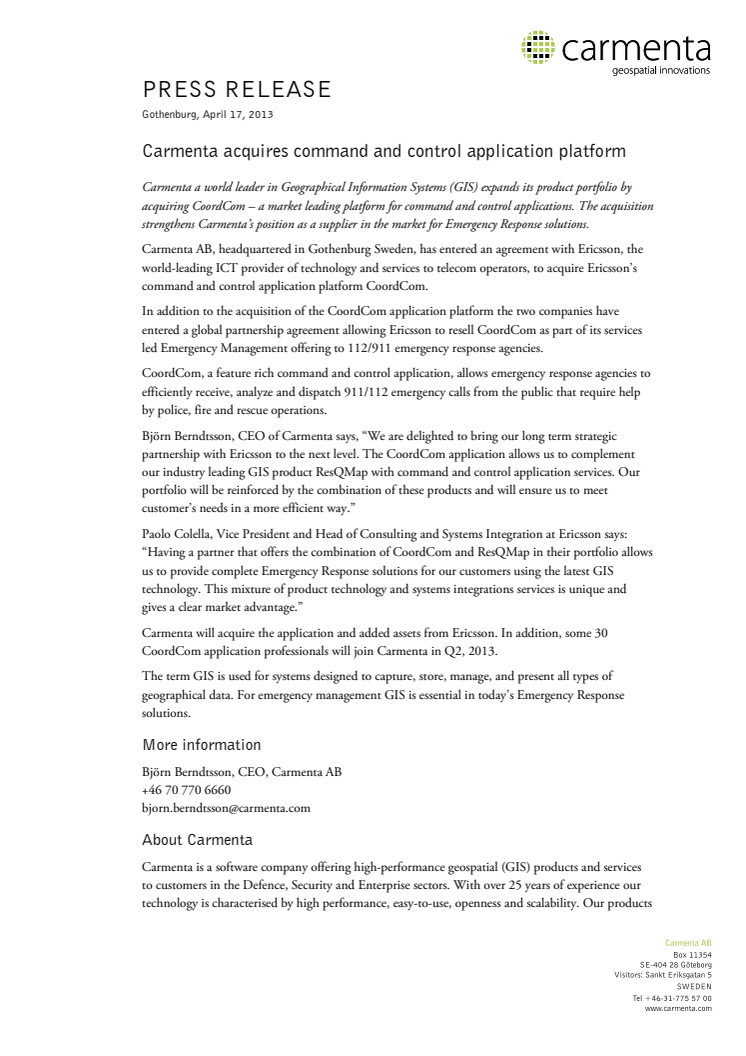 Carmenta acquires command and control application platform