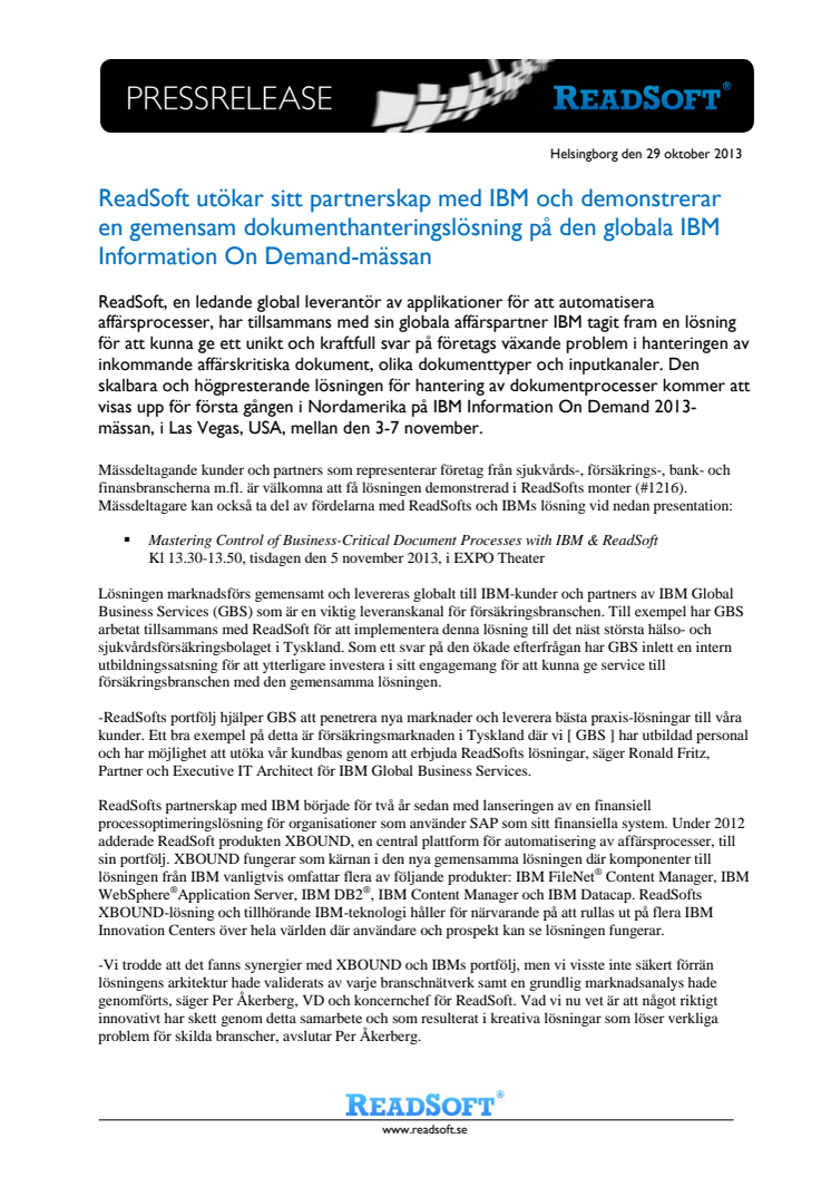 ReadSoft utökar sitt partnerskap med IBM och demonstrerar en gemensam dokumenthanteringslösning på den globala IBM Information On Demand-mässan