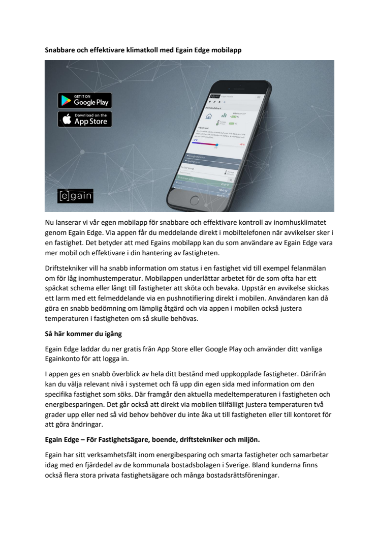 Snabbare och effektivare klimatkoll med Egain Edge mobilapp