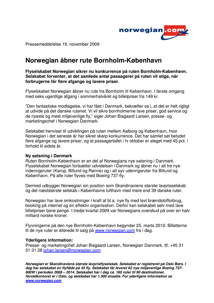 Norwegian åbner rute Bornholm-København