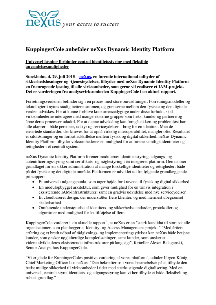 KuppingerCole anbefaler neXus Dynamic Identity Platform