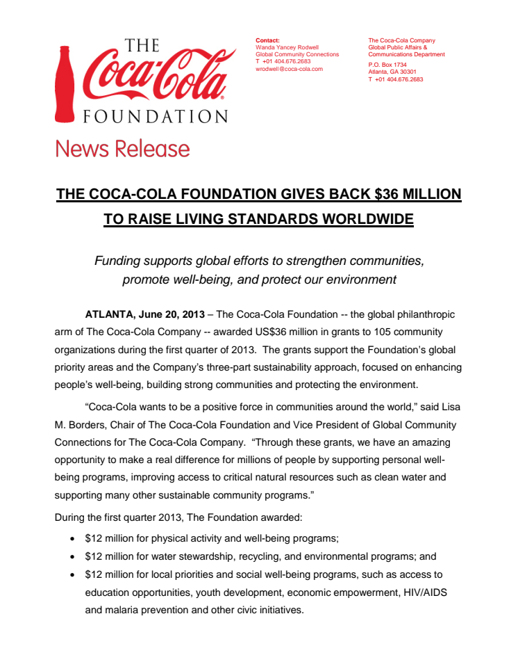 Coca-Cola Foundation -Säätiö lahjoitti 36 miljoonaa dollaria