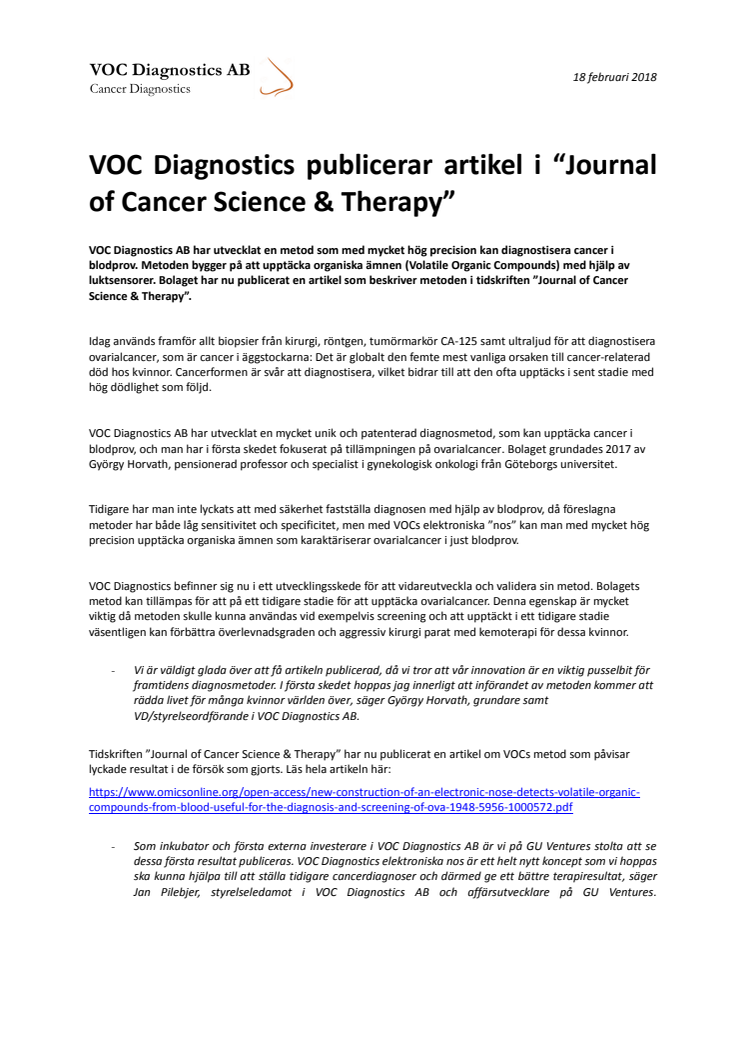 VOC Diagnostics publicerar artikel i “Journal of Cancer Science & Therapy”