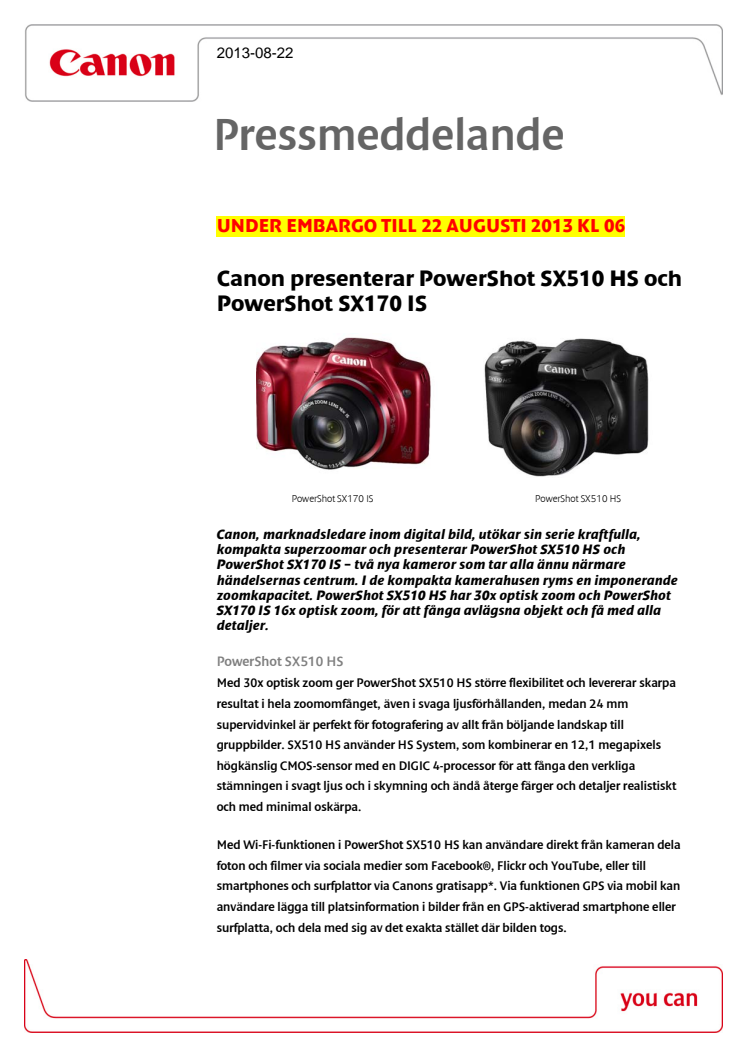 Canon presenterar PowerShot SX510 HS och PowerShot SX170 IS 