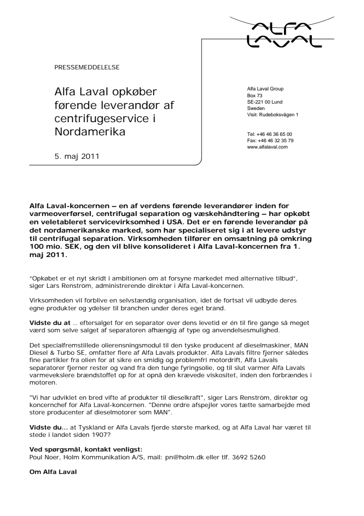 Alfa Laval opkøber førende leverandør af centrifugeservice i Nordamerika