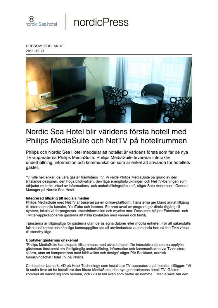 Nordic Sea Hotel blir världens första hotell med Philips MediaSuite och NetTV på hotellrummen