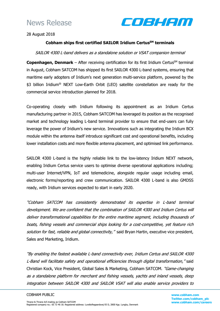 Cobham SATCOM: Cobham ships first certified SAILOR Iridium Certus(SM) terminals