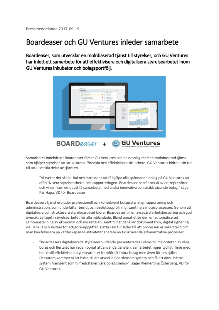 Boardeaser och GU Ventures inleder samarbete