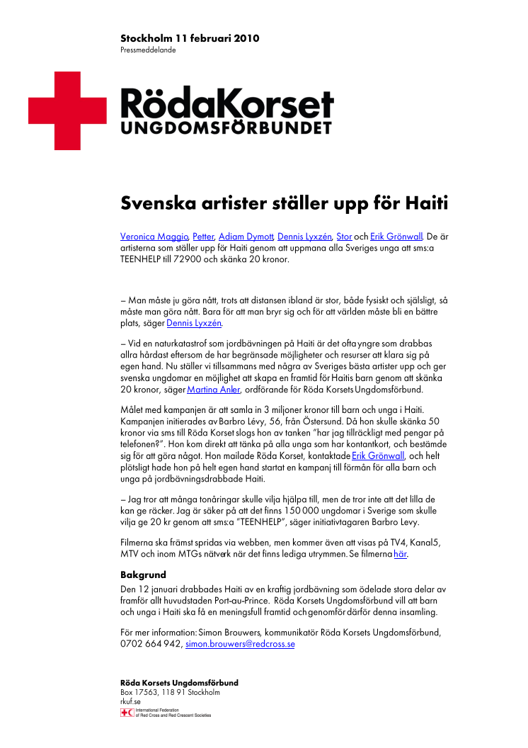 Svenska artister ställer upp för Haiti