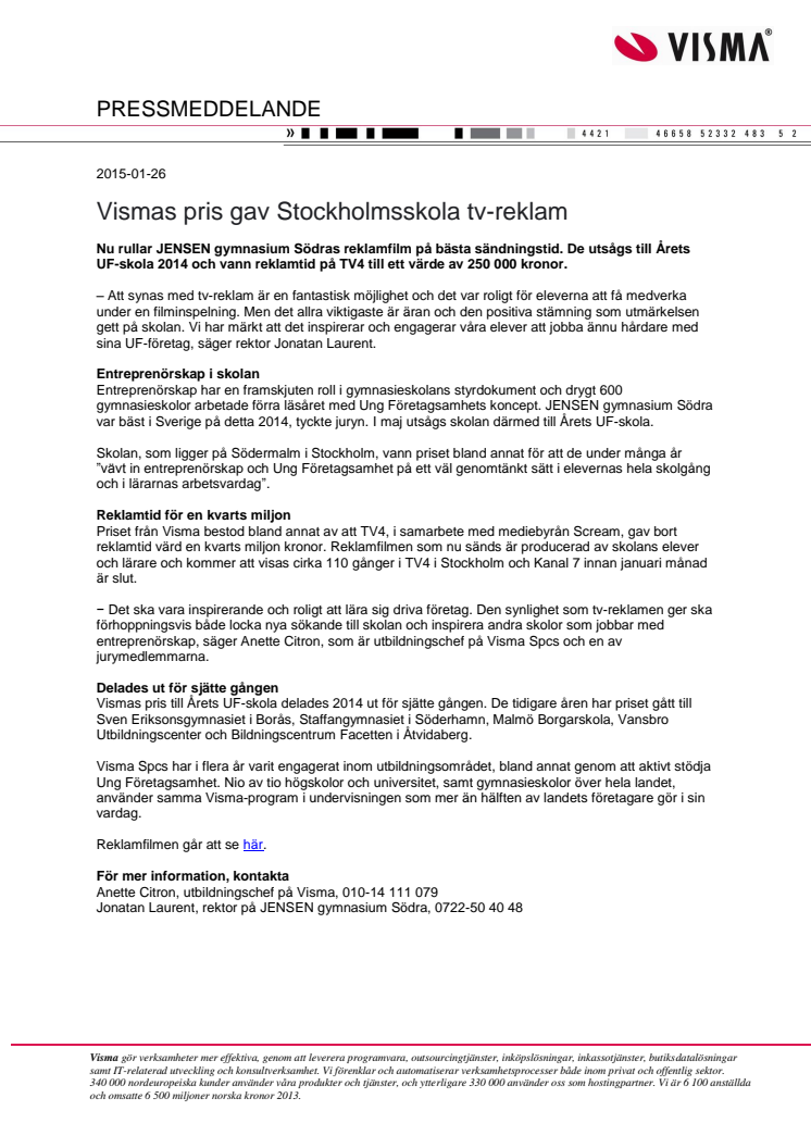 Vismas pris gav Stockholmsskola tv-reklam