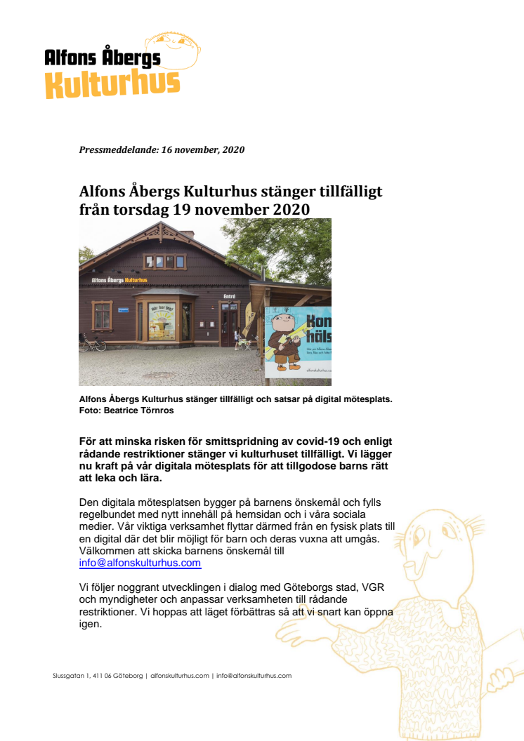 Alfons Åbergs Kulturhus stänger tillfälligt från torsdag 19 november 2020