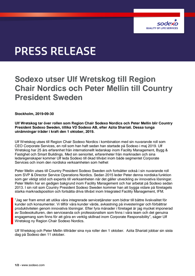 Sodexo utser Ulf Wretskog till Region Chair Nordics och Peter Mellin till Country President Sweden