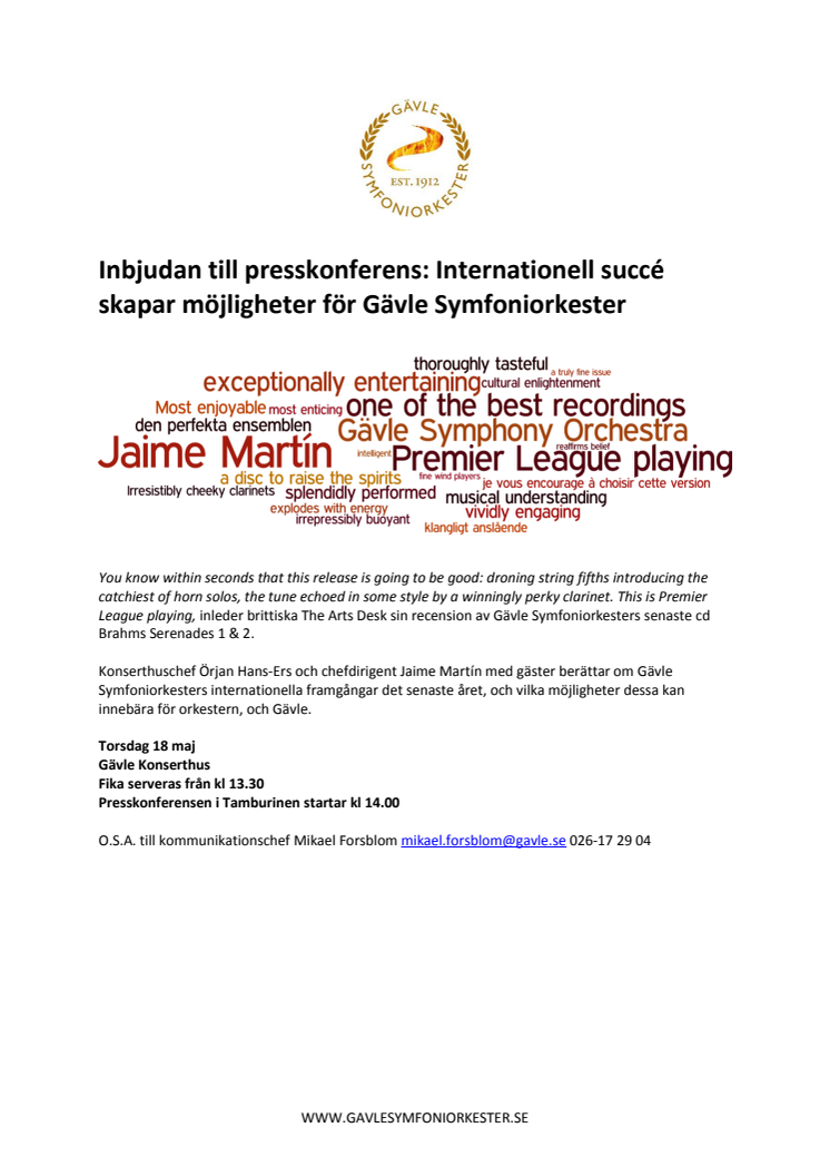 Inbjudan till presskonferens: Internationell succé skapar möjligheter för Gävle Symfoniorkester
