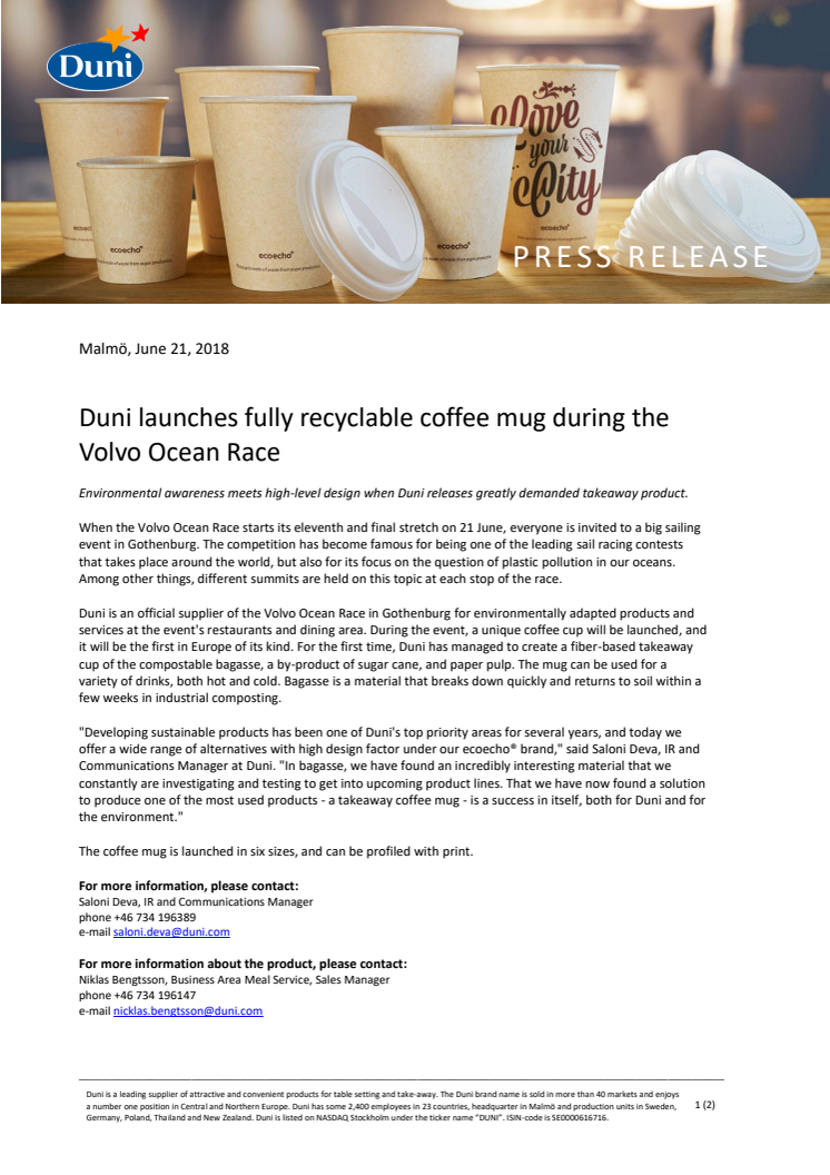 Duni launches fully recyclable coffee mug during the Volvo Ocean Race