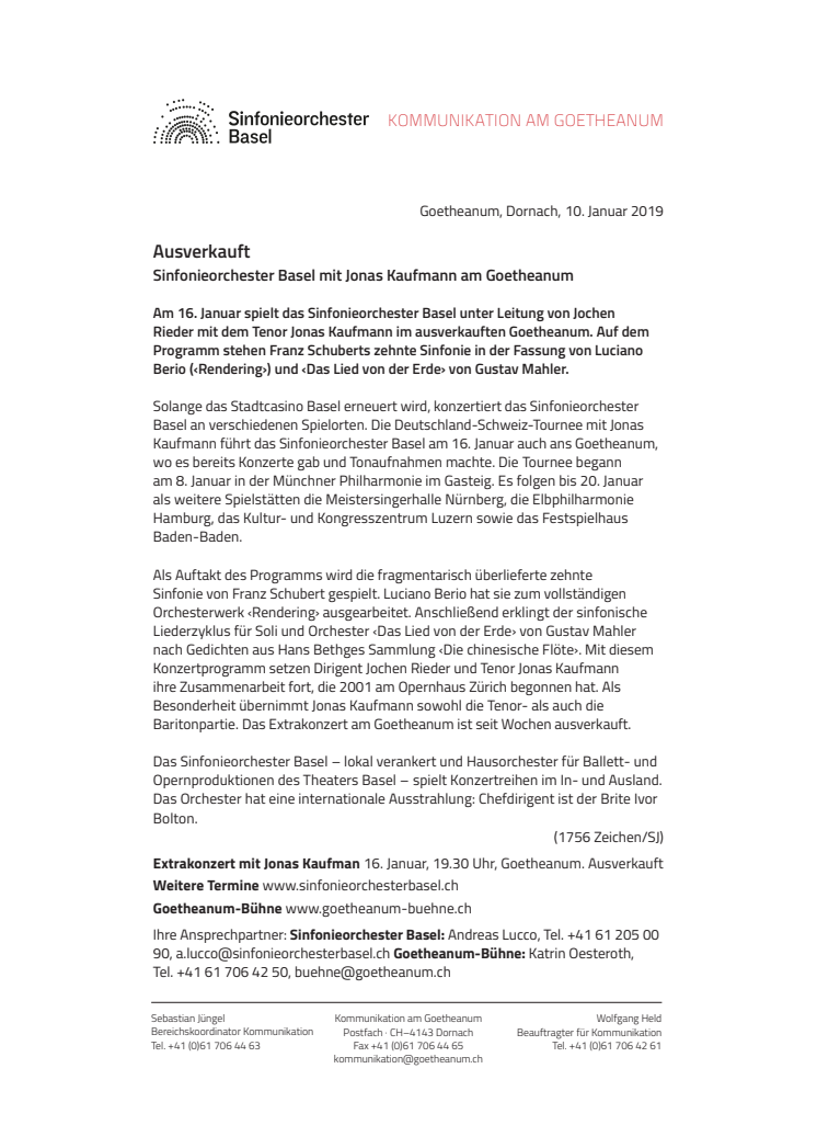 Ausverkauft. ​Sinfonieorchester Basel mit Jonas Kaufmann am Goetheanum