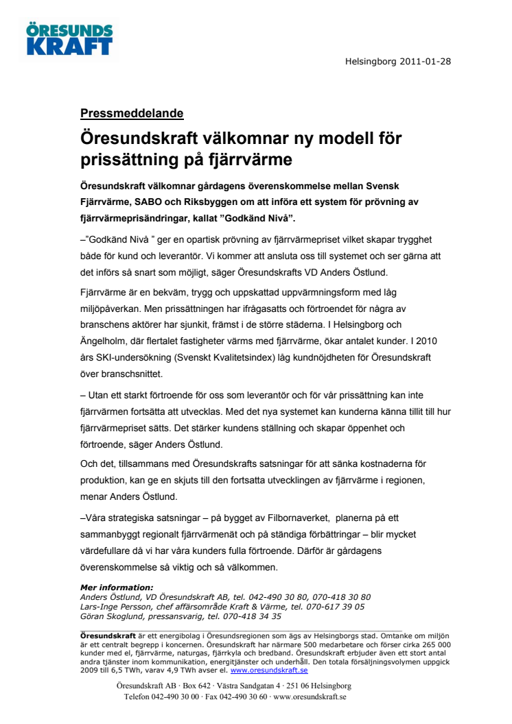 Öresundskraft välkomnar ny modell för prissättning på fjärrvärme