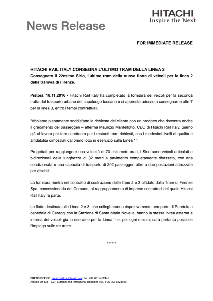 Hitachi Rail Italy Consegna L’ultimo Tram Della Linea 2