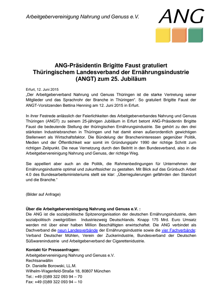 ANG-Präsidentin Brigitte Faust gratuliert Thüringischem Landesverband der Ernährungsindustrie (ANGT) zum 25. Jubiläum 