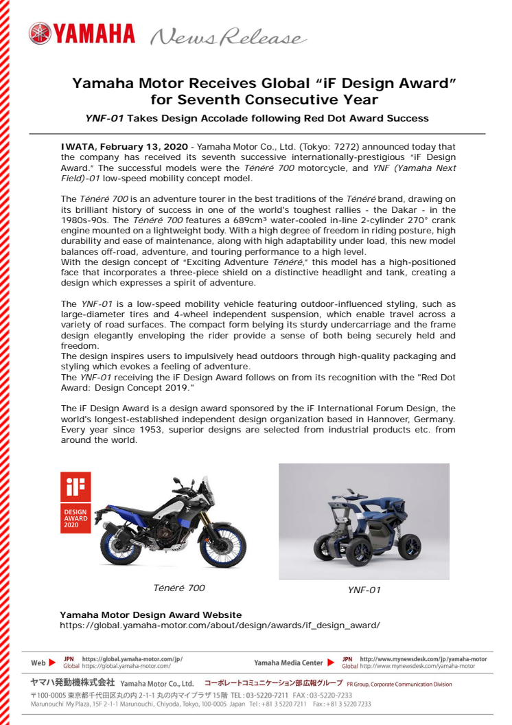 Yamaha Motor Receives Global “iF Design Award” for Seventh Consecutive Year    YNF-01 Takes Design Accolade following Red Dot Award Success