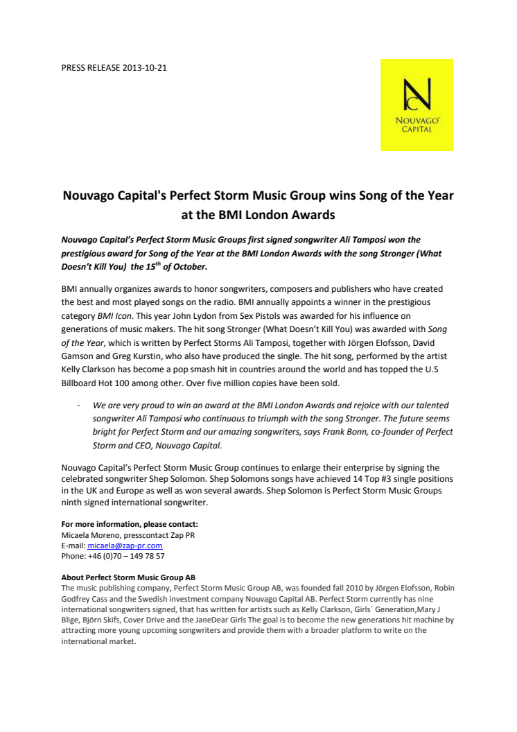  Nouvago Capital's Perfect Storm Music Group wins Song of the Year at the BMI London Awards