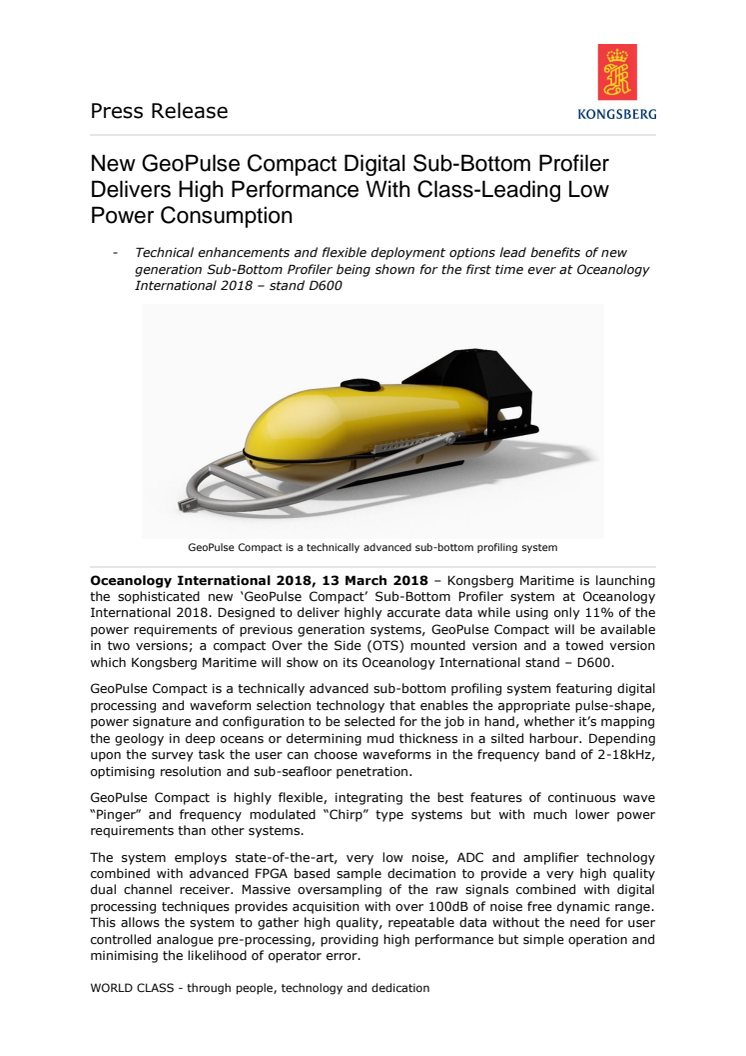 Kongsberg Maritime - Oceanology International 2018: New GeoPulse Compact Digital Sub-Bottom Profiler Delivers High Performance With Class-Leading Low Power Consumption