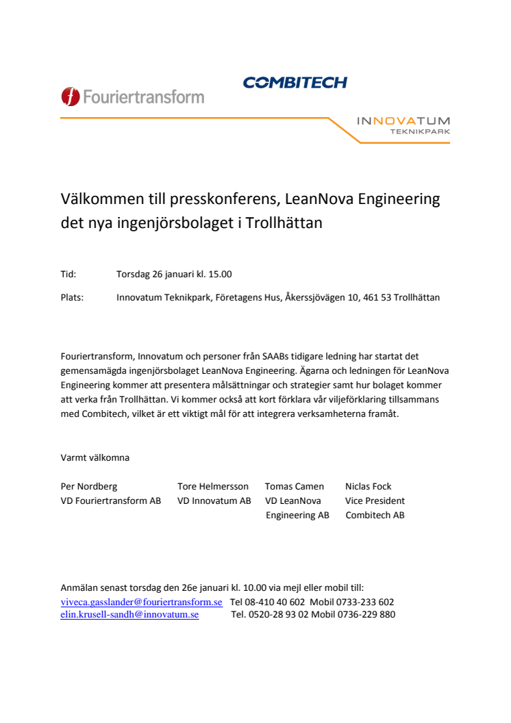 Välkommen till presskonferens, LeanNova Engineering det nya ingenjörsbolaget i Trollhättan