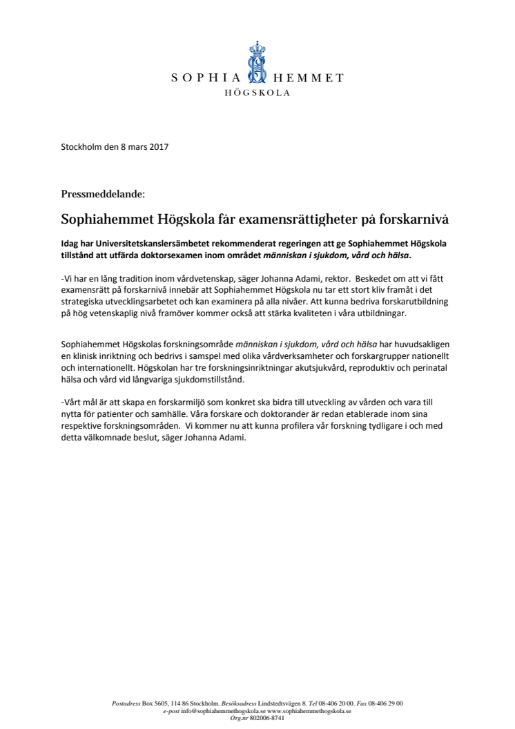 Sophiahemmet Högskola får examensrättigheter på forskarnivå