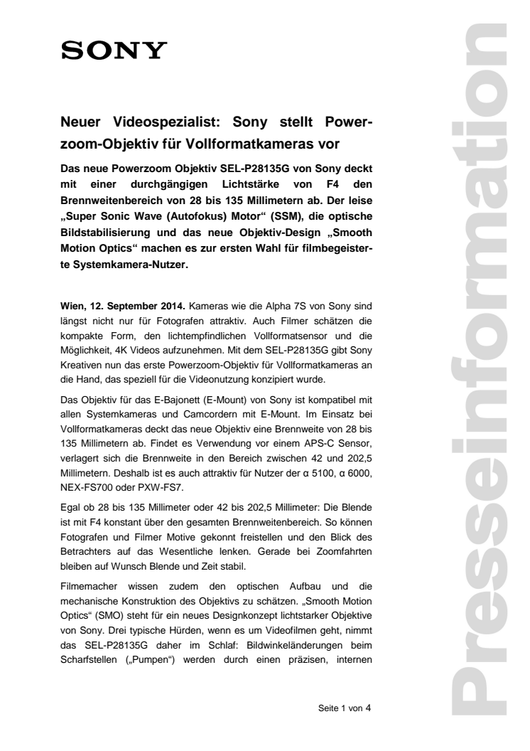 Pressemitteilung "Neuer Videospezialist: Sony stellt Powerzoom-Objektiv für Vollformatkameras vor"