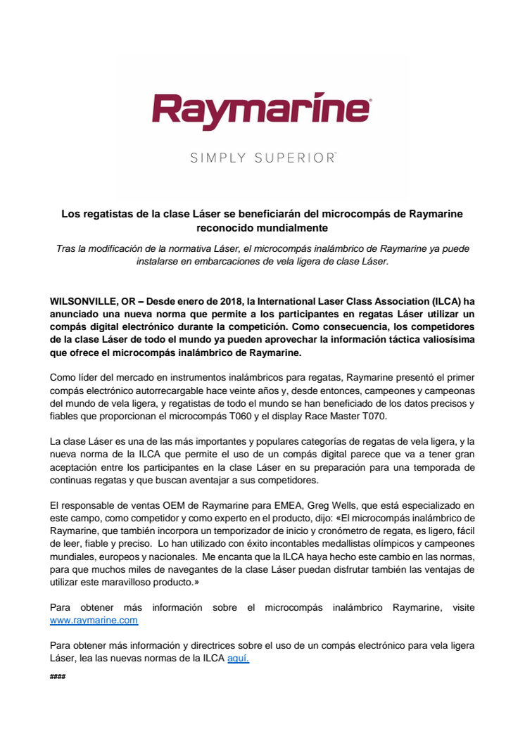 Raymarine: Los regatistas de la clase Láser se beneficiarán del microcompás de Raymarine reconocido mundialmente