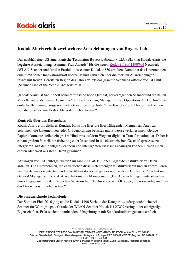 Kodak Alaris erhält zwei weitere Auszeichnungen von Buyers Lab 