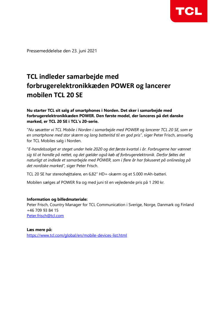 TCL indleder samarbejde med forbrugerelektronikkæden POWER og lancerer mobilen TCL 20 SE  