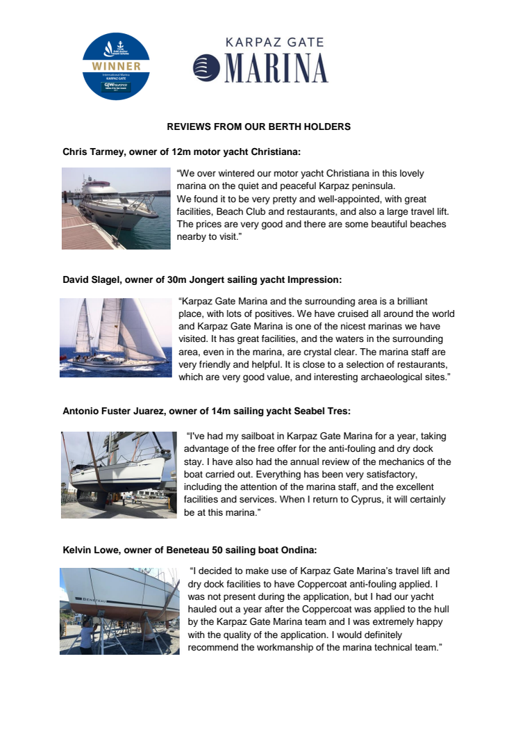 Karpaz Gate Marina Testimonials