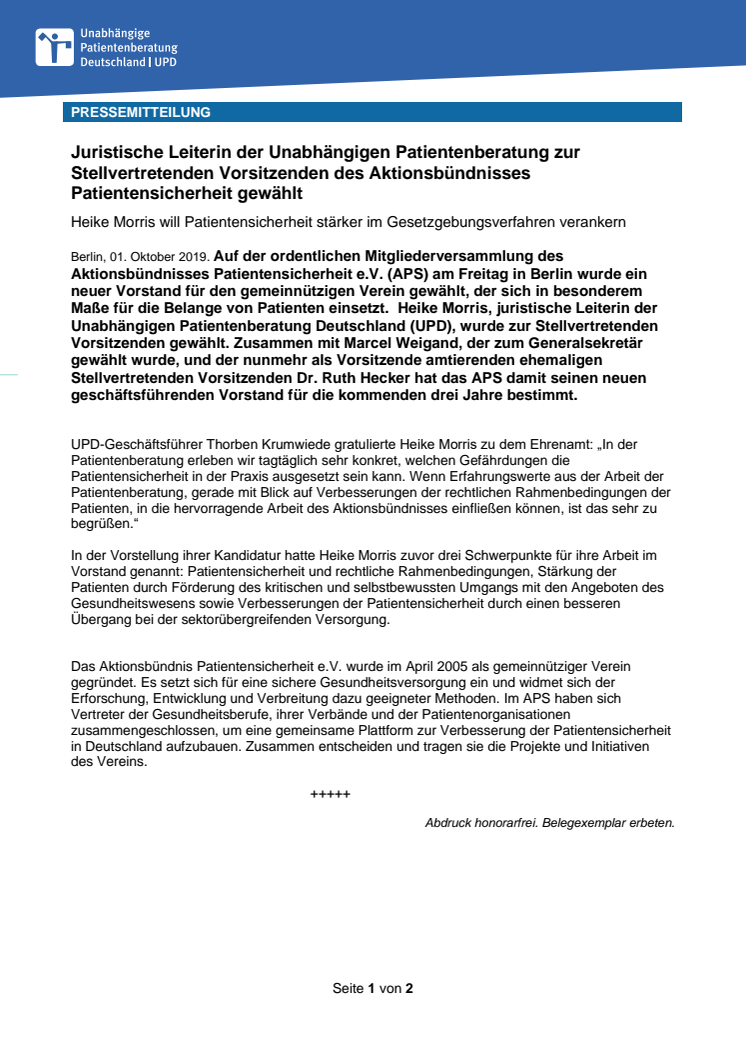 Juristische Leiterin der Unabhängigen Patientenberatung zur Stellvertretenden Vorsitzenden des Aktionsbündnisses Patientensicherheit gewählt 