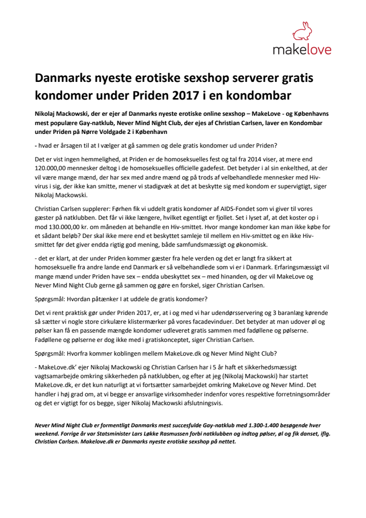 Danmarks nyeste erotiske sexshop serverer gratis kondomer under Priden 2017 i en kondombar