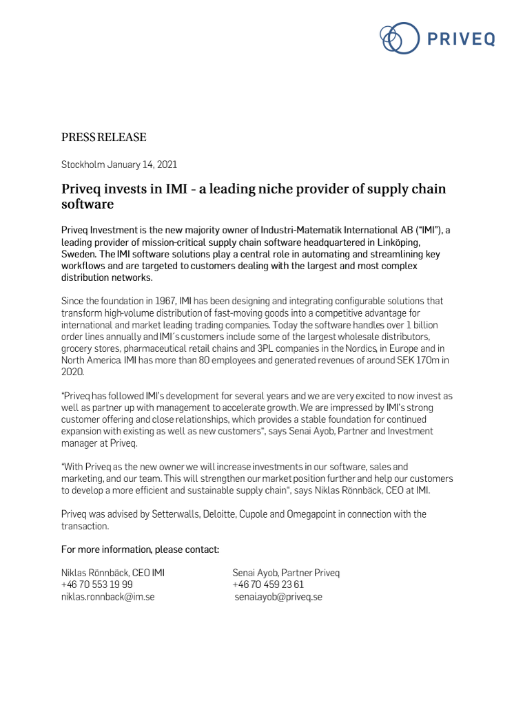 Priveq invests in IMI - a leading niche provider of supply chain software