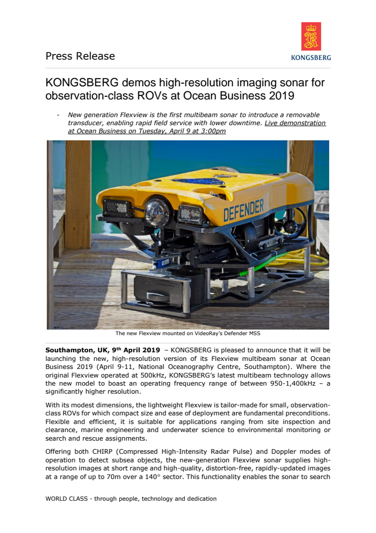 KONGSBERG demos high-resolution imaging sonar for observation-class ROVs at Ocean Business 2019