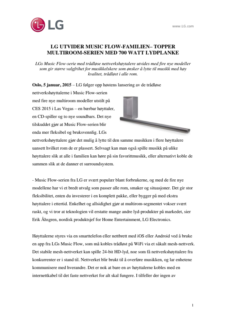 LG UTVIDER MUSIC FLOW-FAMILIEN– TOPPER MULTIROOM-SERIEN MED 700 WATT LYDPLANKE