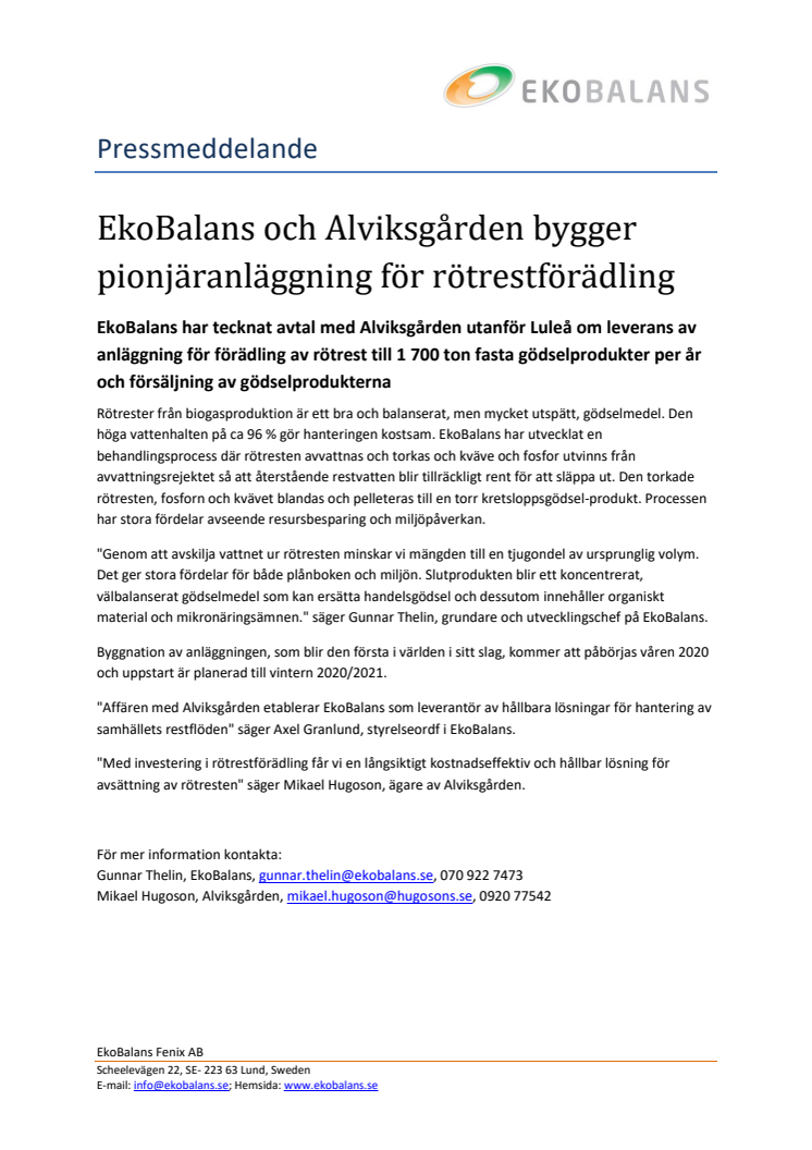 EkoBalans och Alviksgården bygger pionjäranläggning för rötrestförädling