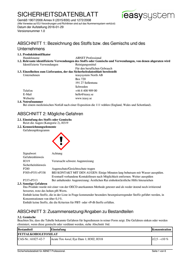 Säkerthetsdatablad | ABNET Professional | tyska 