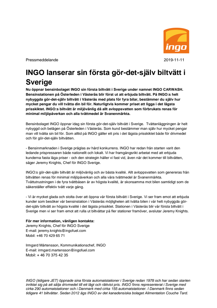 INGO lanserar sin första gör-det-själv biltvätt i Sverige  