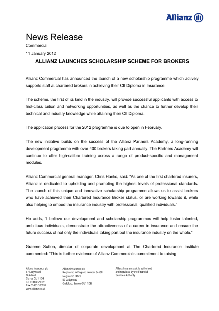 ALLIANZ LAUNCHES LANDMARK SCHOLARSHIP SCHEME FOR BROKERS 